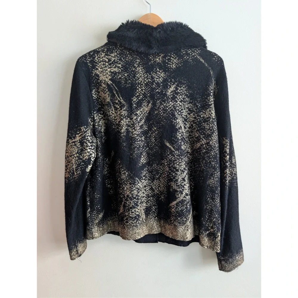 Chicos Black Gold Metallic Print Faux‎ Fur Collar Cardigan Sweater Jacket Sz L 2